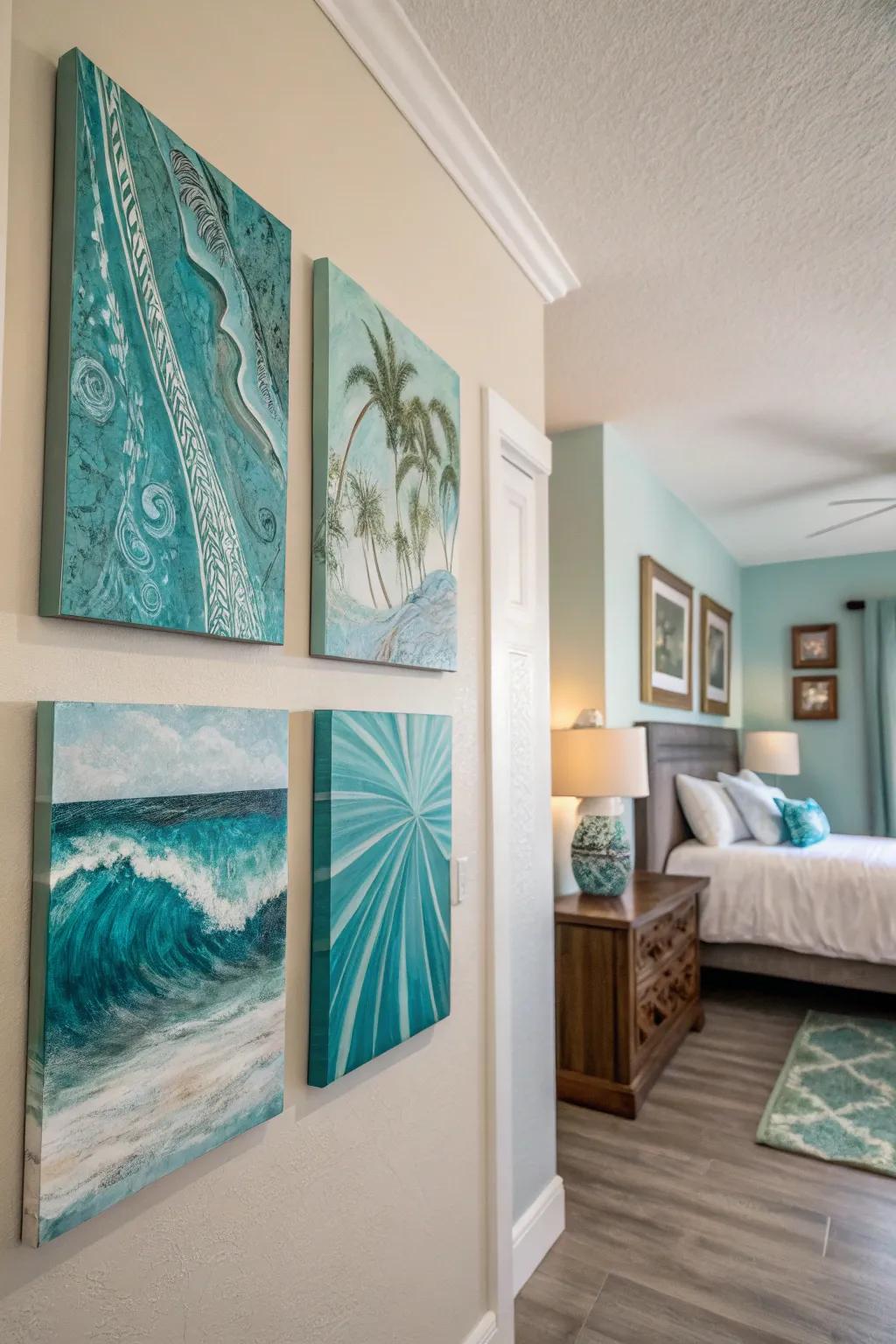 Abstract art with turquoise hues enhances the depth and appeal of this bedroom.