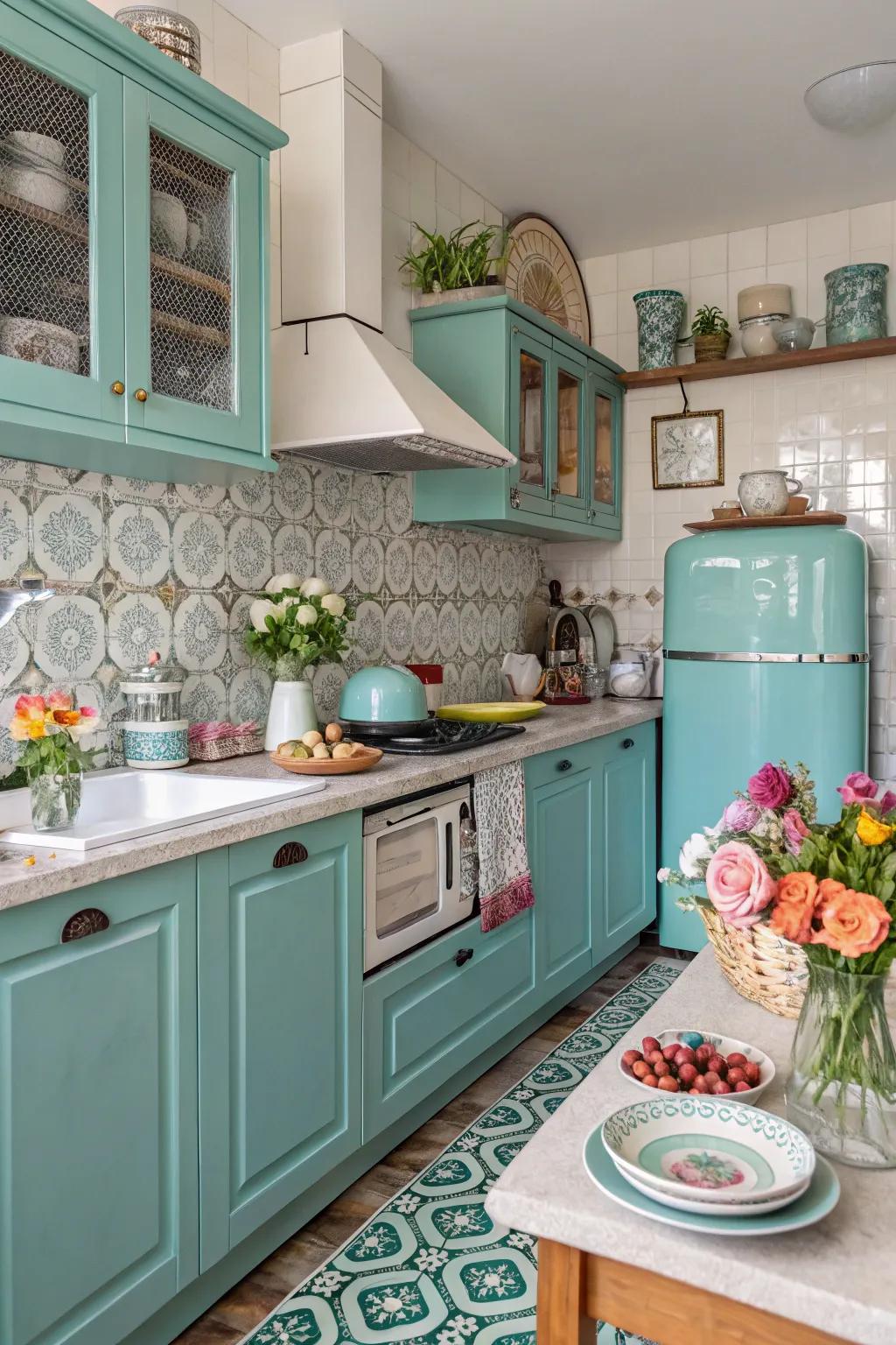 Diverse decorative components infusing allure into a robin's egg blue culinary space.