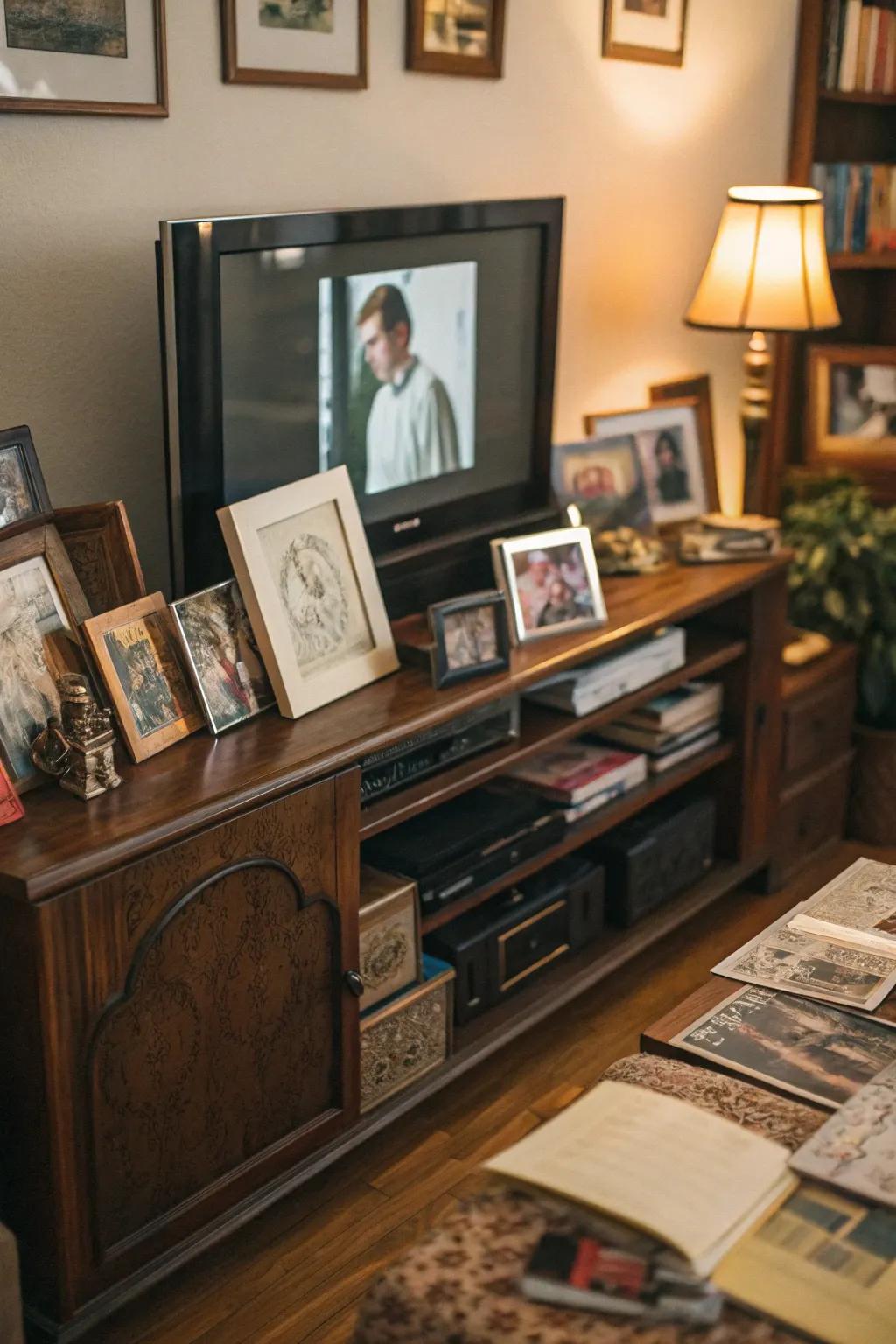 Personal mementos, including family photos, adorning a TV console.