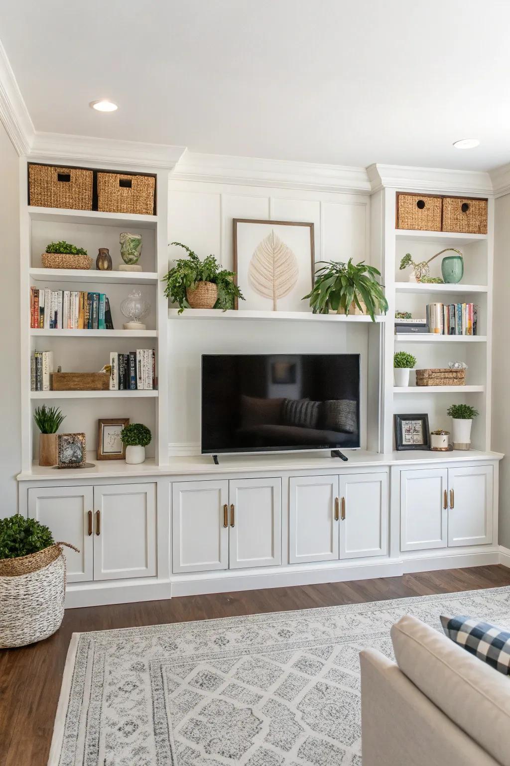 Consistency and balance define this elegant TV wall design.