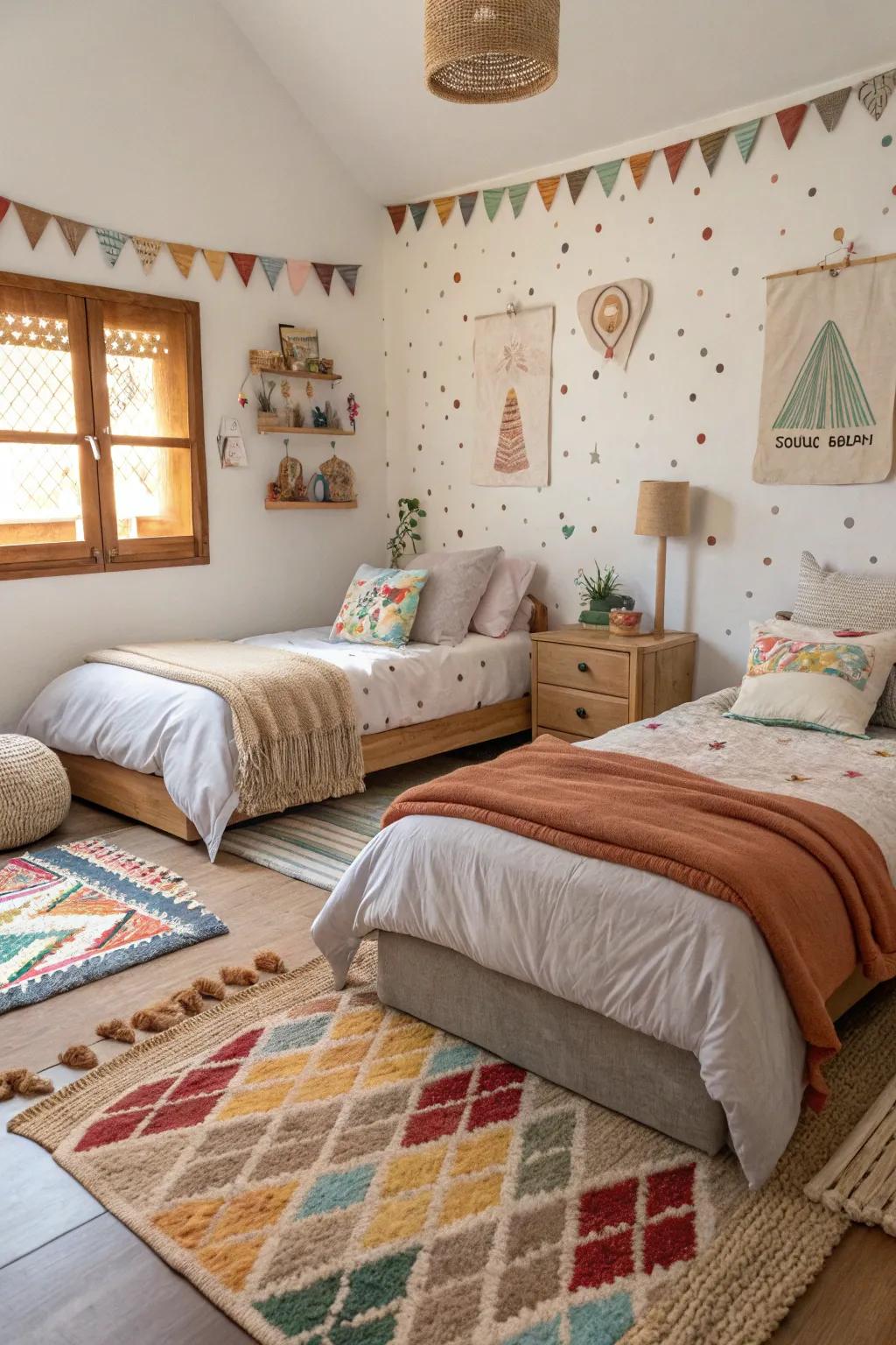 Cozy rugs and fabrics add warmth to the bedroom