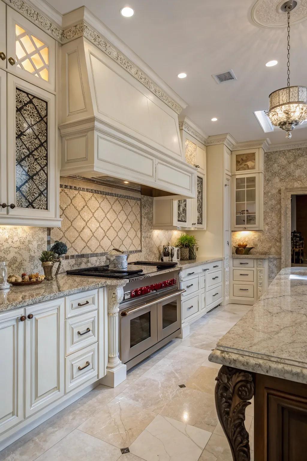 A kitchen where marble harmonizes with tiles, culminating in a sumptuous result.