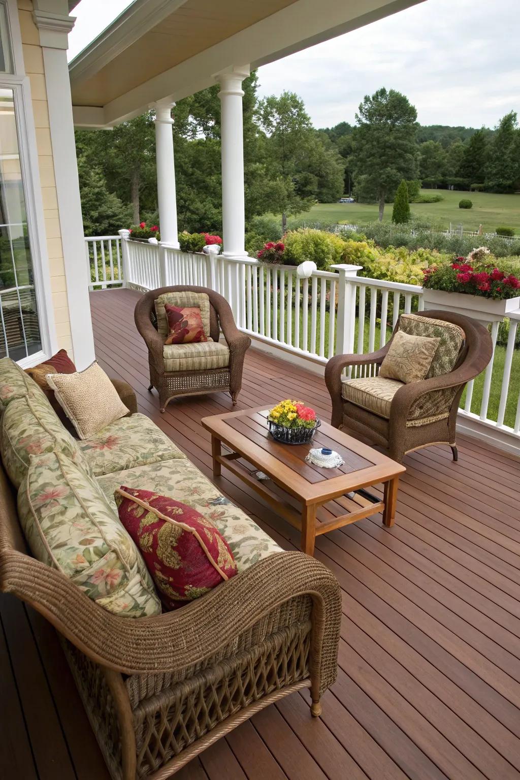 Deep mahogany and cream create a luxurious and elegant deck ambiance.