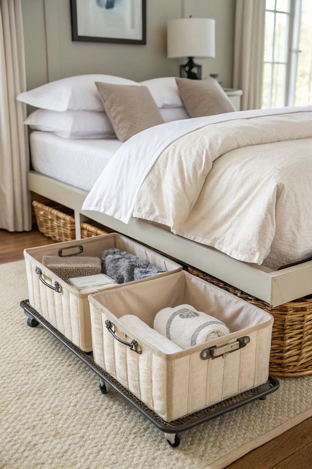 Organize linens with sophistication using our refined wheeled baskets.