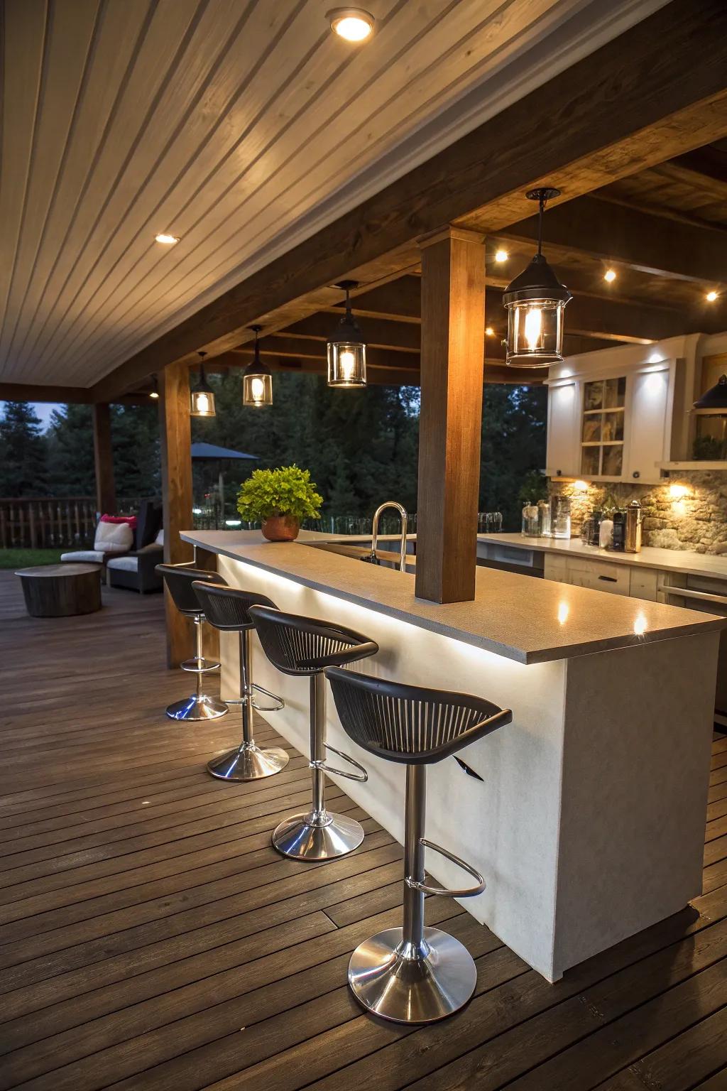 An elegant bar arrangement beneath the deck, ready for hosting social events.