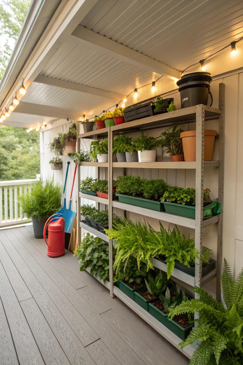 Under-deck storage is made practical and attractive by built-in shelves.