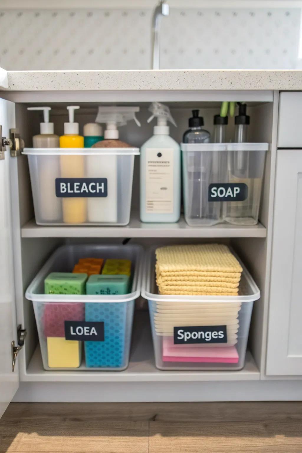 Categorizing items in bins promotes intuitive and efficient organization.