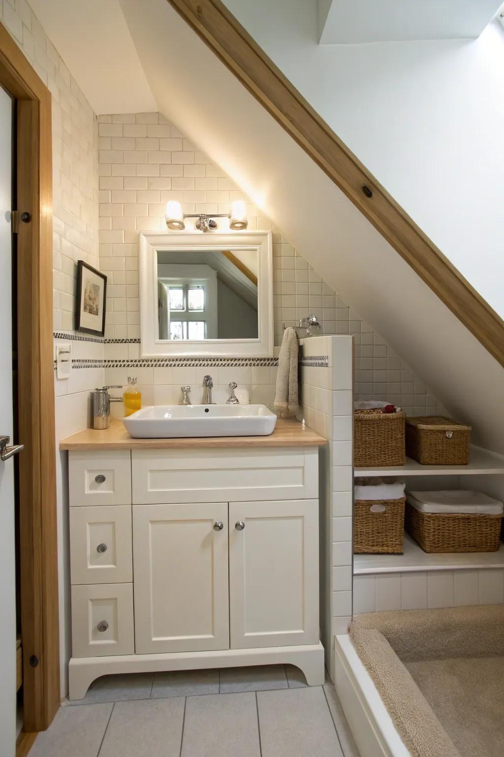 A washroom under the stairs featuring a custom-fitted vanity beneath a sloped ceiling.