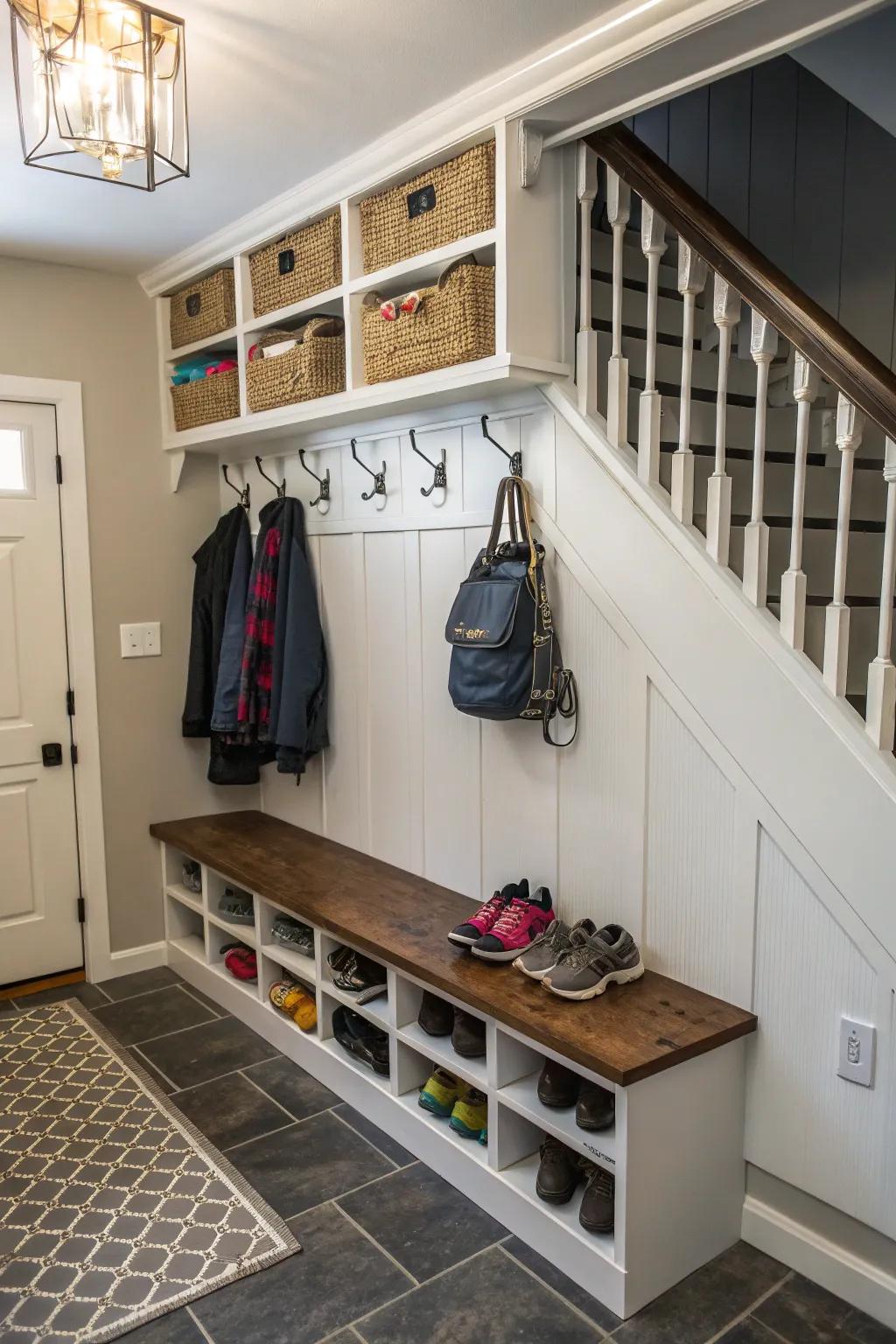 A transitional space beneath the stairs keeps your entryway free of clutter.