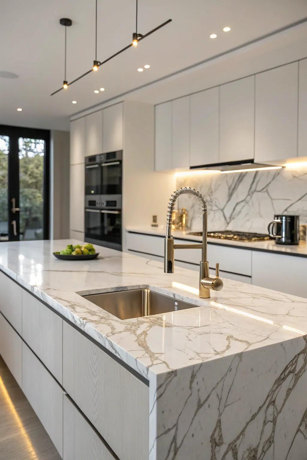 An undermount sink smoothly embedded within a high-end countertop.
