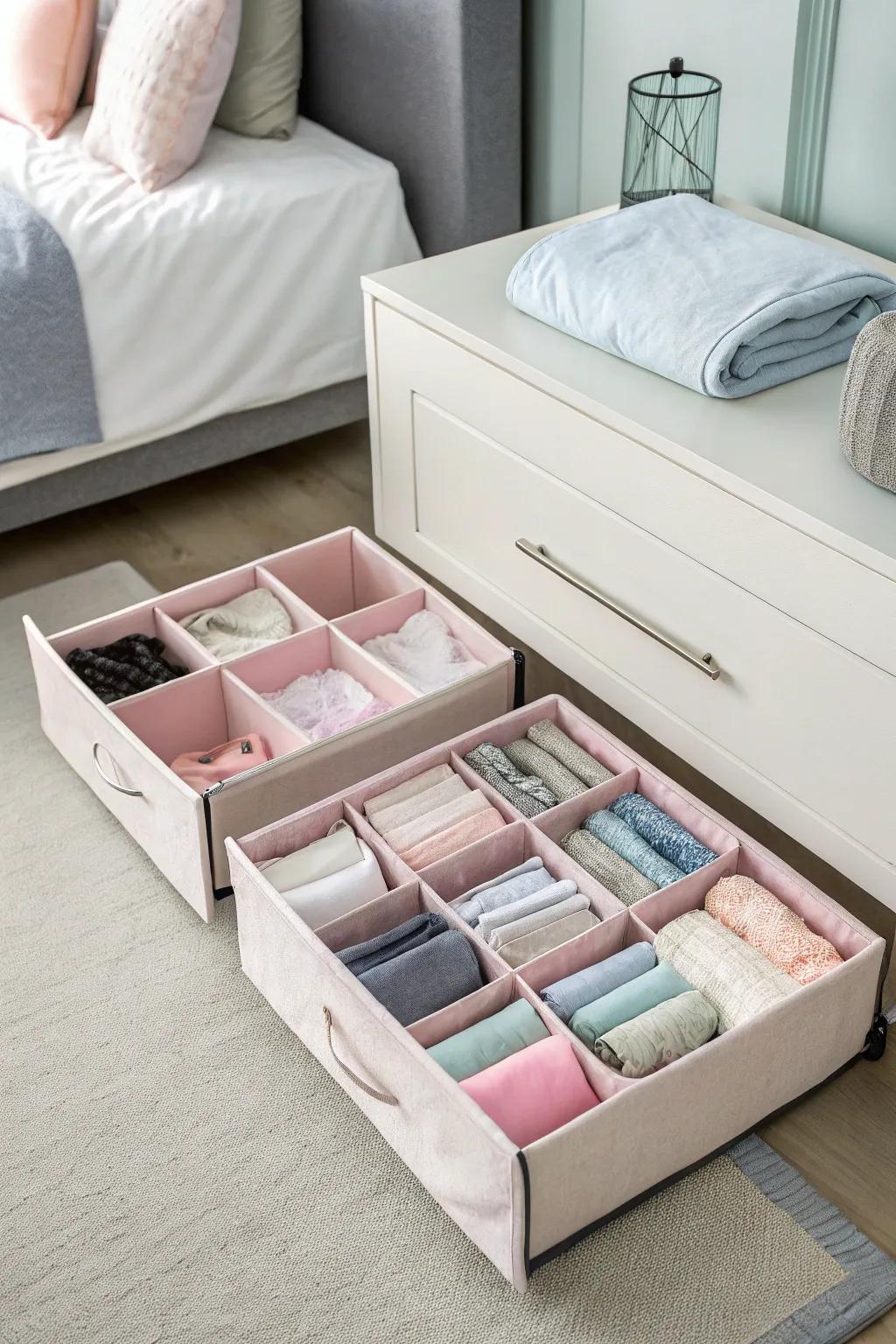 Soft textile bins for a cozy drawer arrangement.