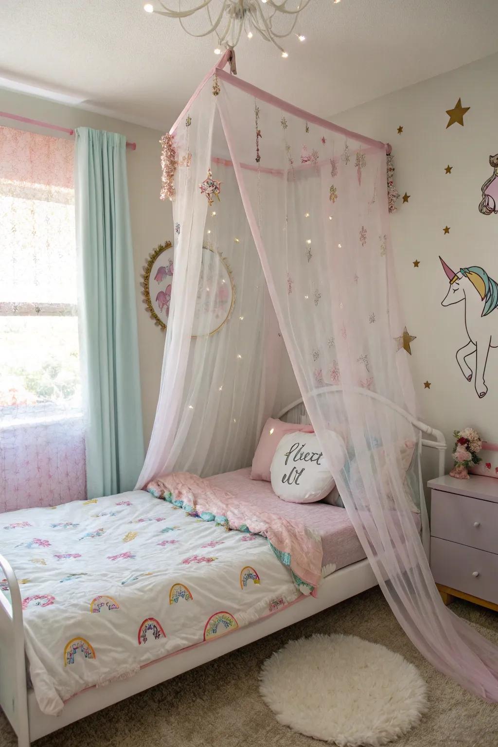 A canopy bed crafting a royal feel in a room featuring a unicorn theme.