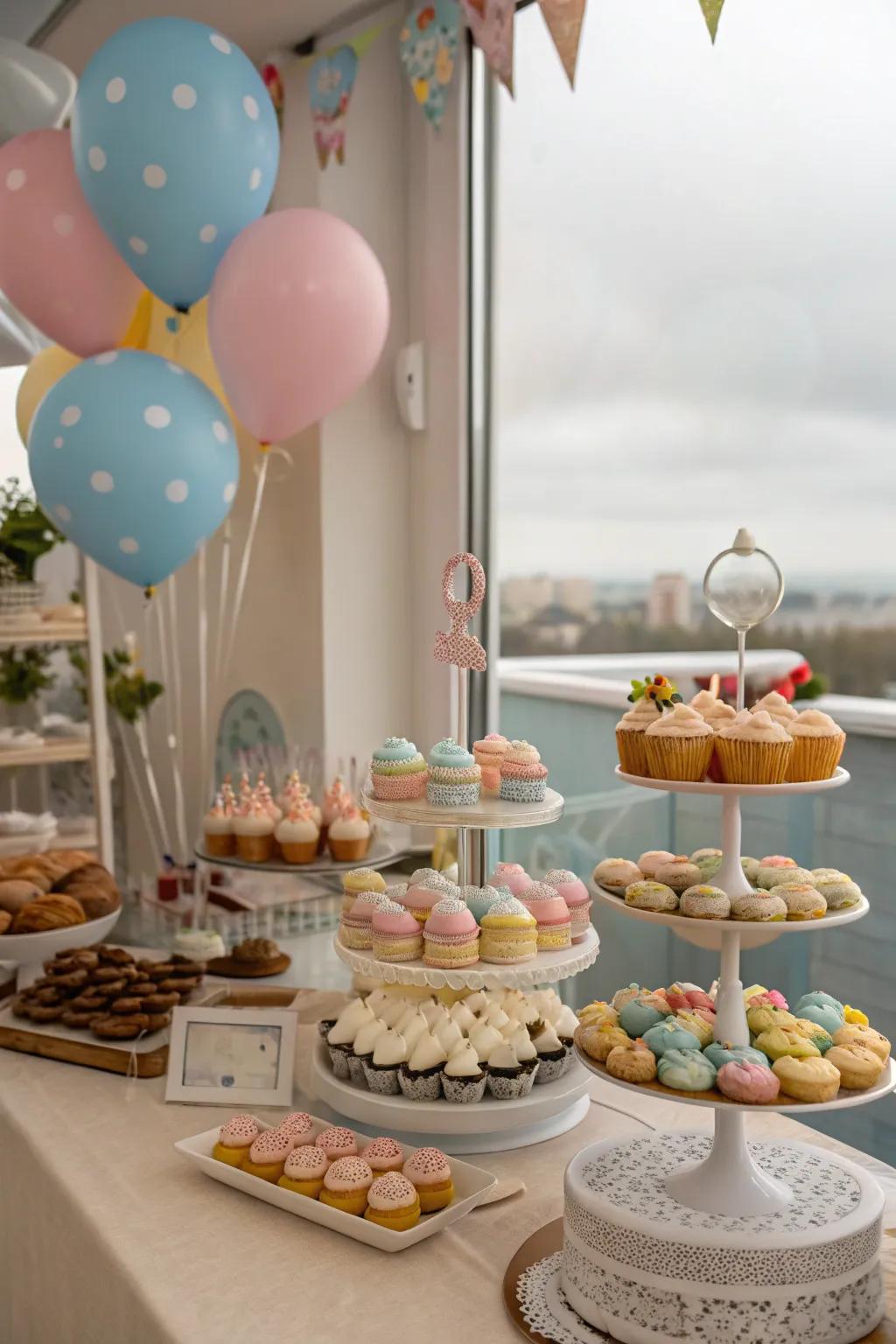 A dessert table featuring themed treats arranged beautifully on tiered stands.