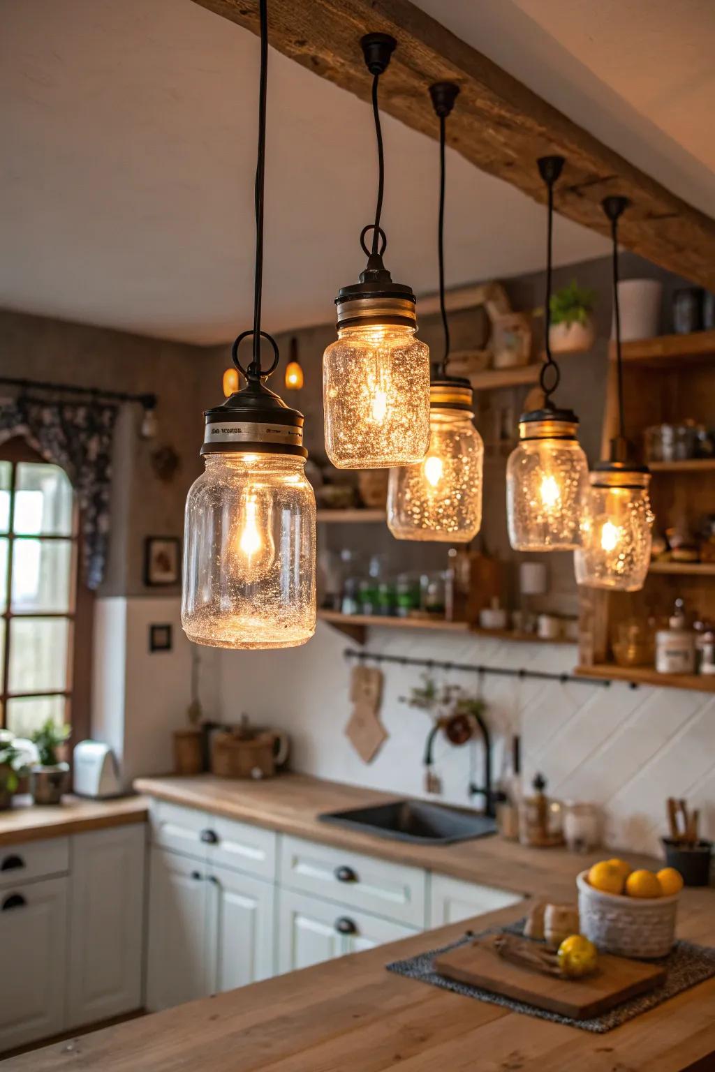Charming preserving container lamps for a cozy glow.