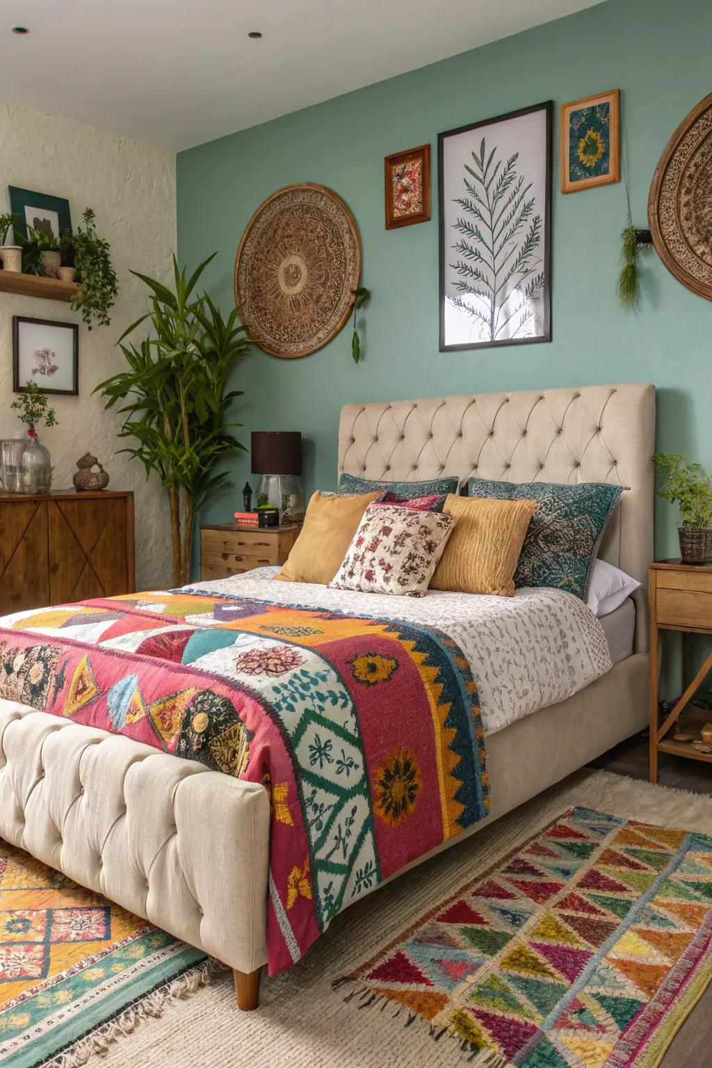 The bedroom is made more vibrant by the use of mixed patterns on this bed.