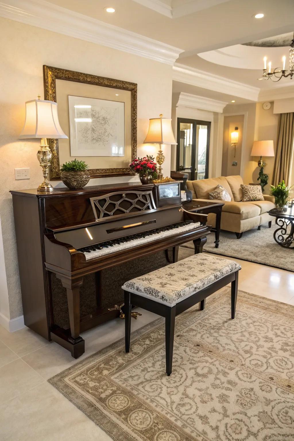 A harmonious living area featuring an upright piano paired with a coordinated bench.