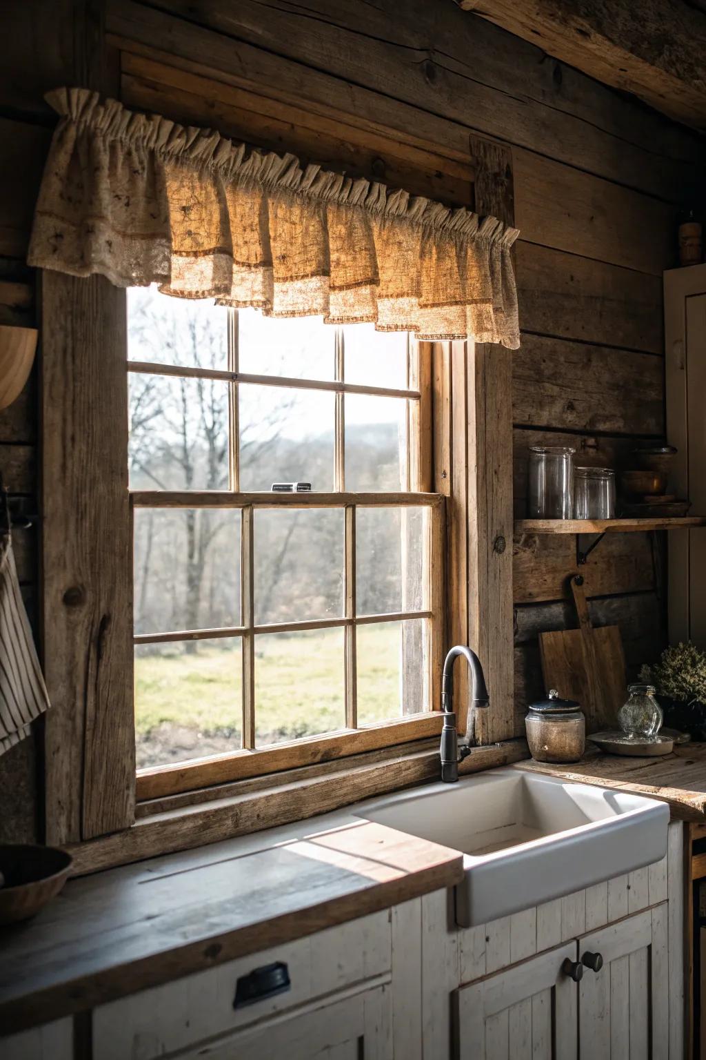 A farmhouse kitchen featuring a window with a rustic wooden valance.