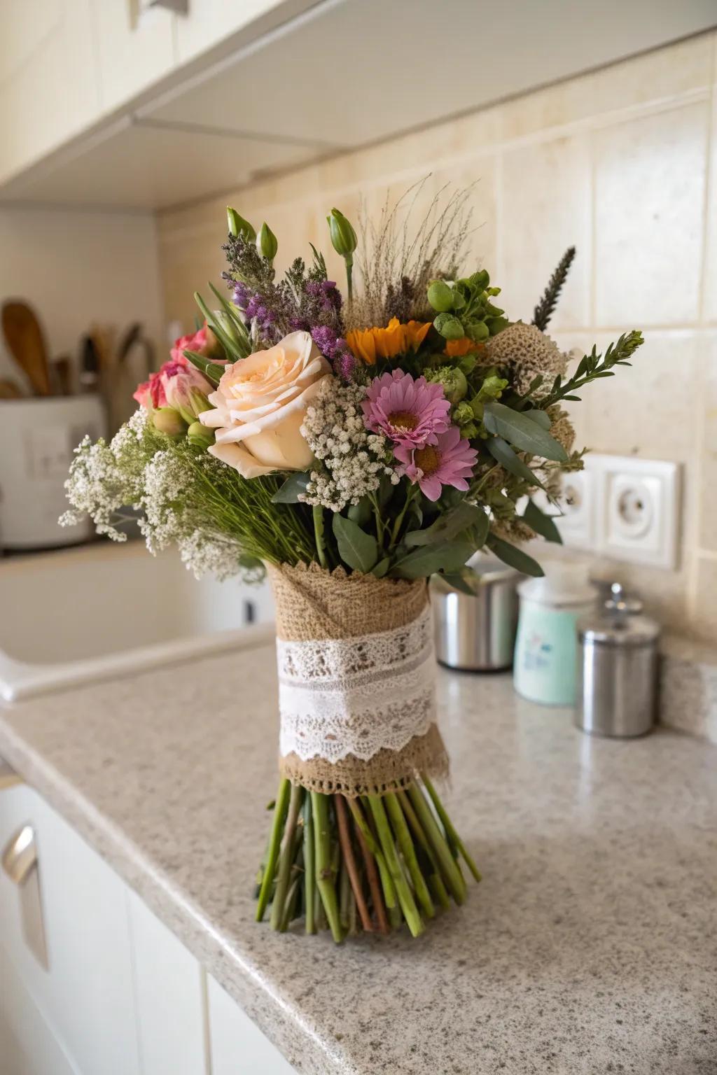 A bouquet gracefully wrapped in lace and raw linen.