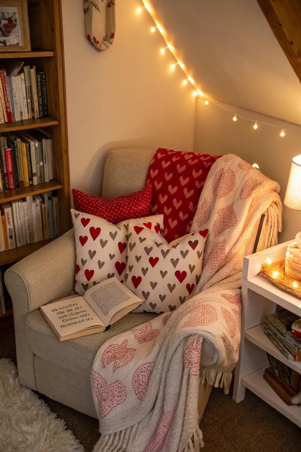 Cozy reading nook accented with Valentine's decor