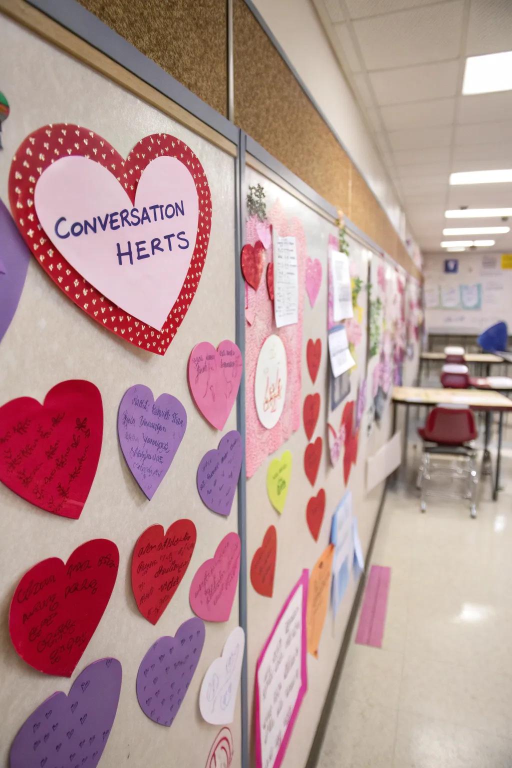 A bulletin board presenting dynamic dialogue hearts bearing tailored communications.