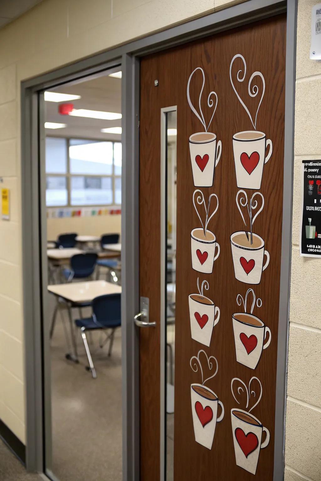 A classroom door displaying a coffee motif with steaming cups embellished using heart designs.