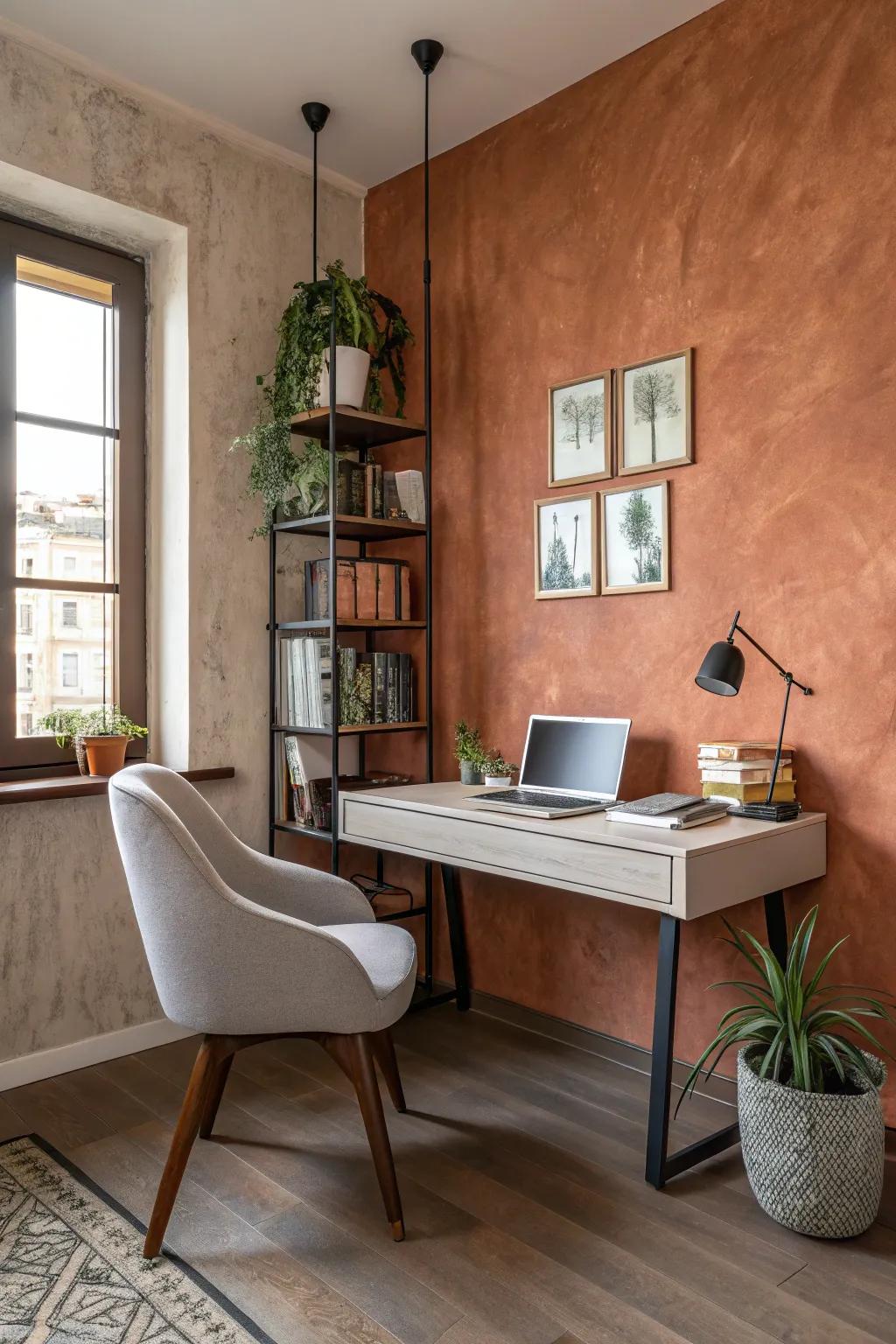 Improve focus using warm Venetian plaster in your at-home office.