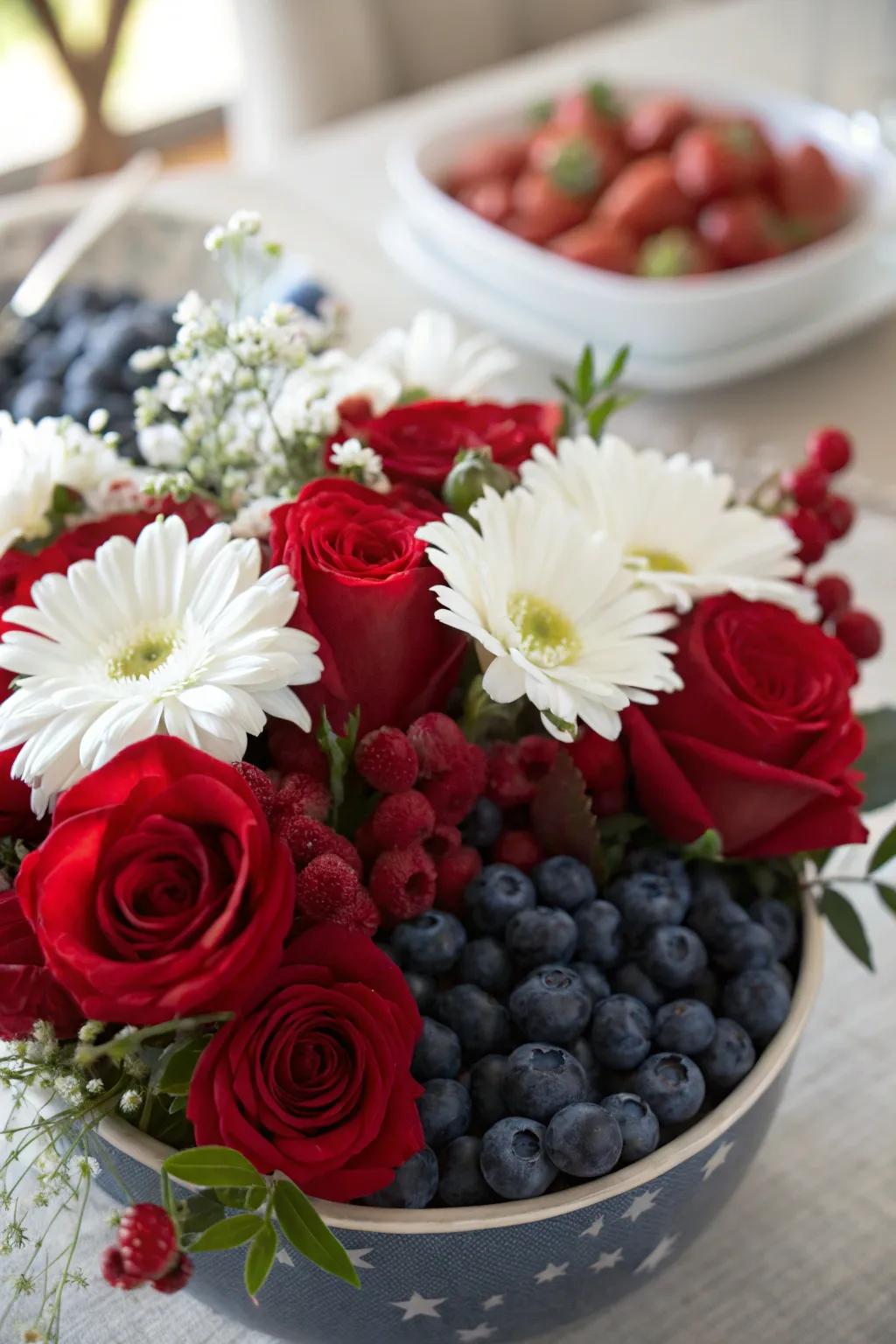 An edible centerpiece with berries and blooms.