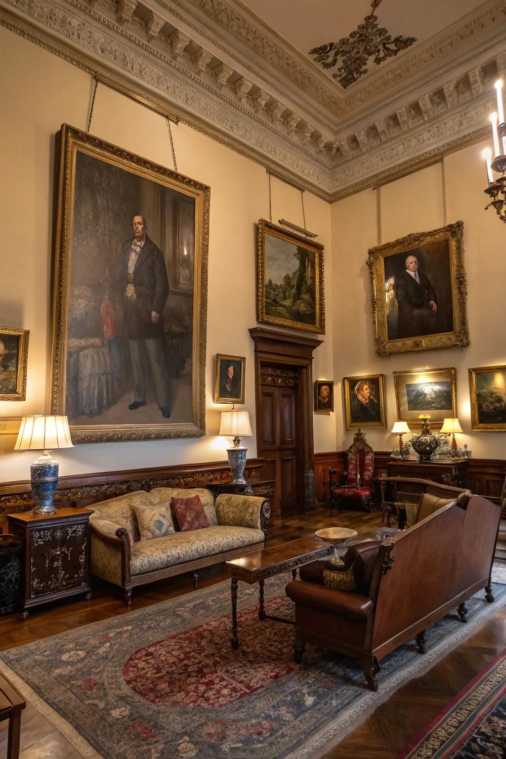 Classic portraits and paintings contribute cultured charm to the living area.