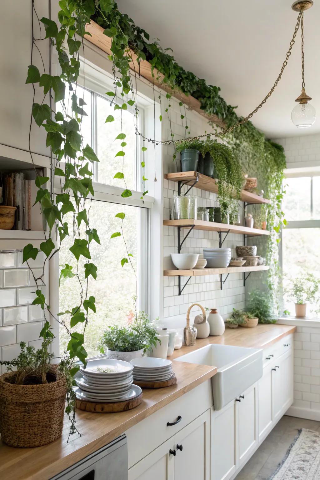 Breathe life into your kitchen through hanging trailing plants.