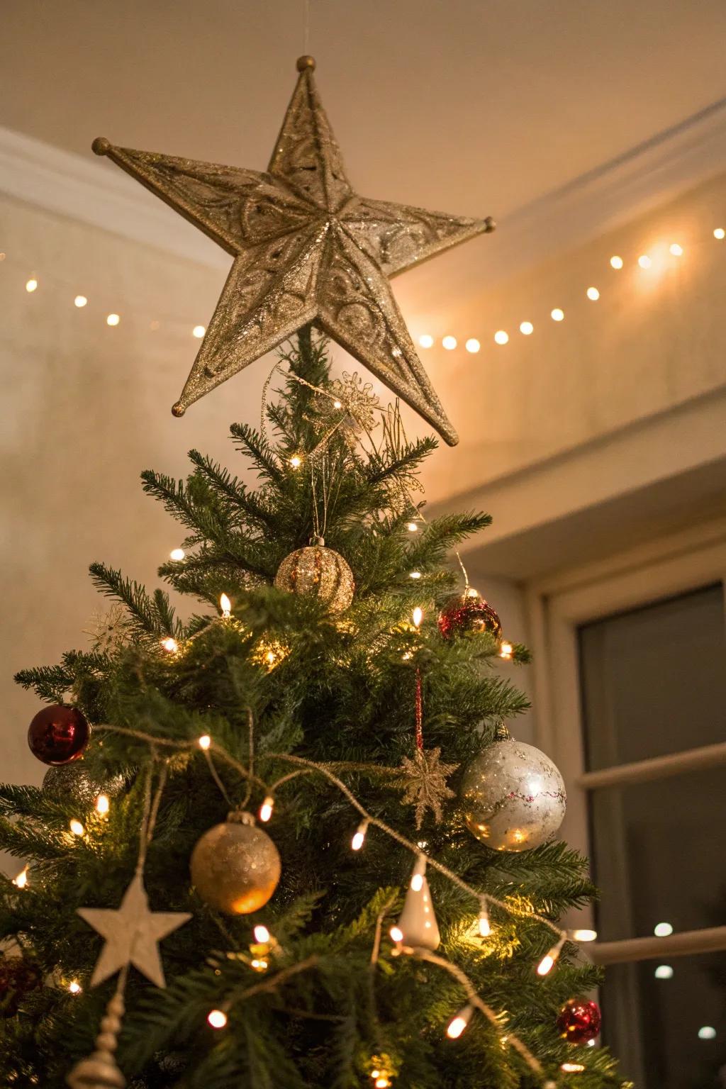 An antique-styled topper crowns this vintage Christmas tree.