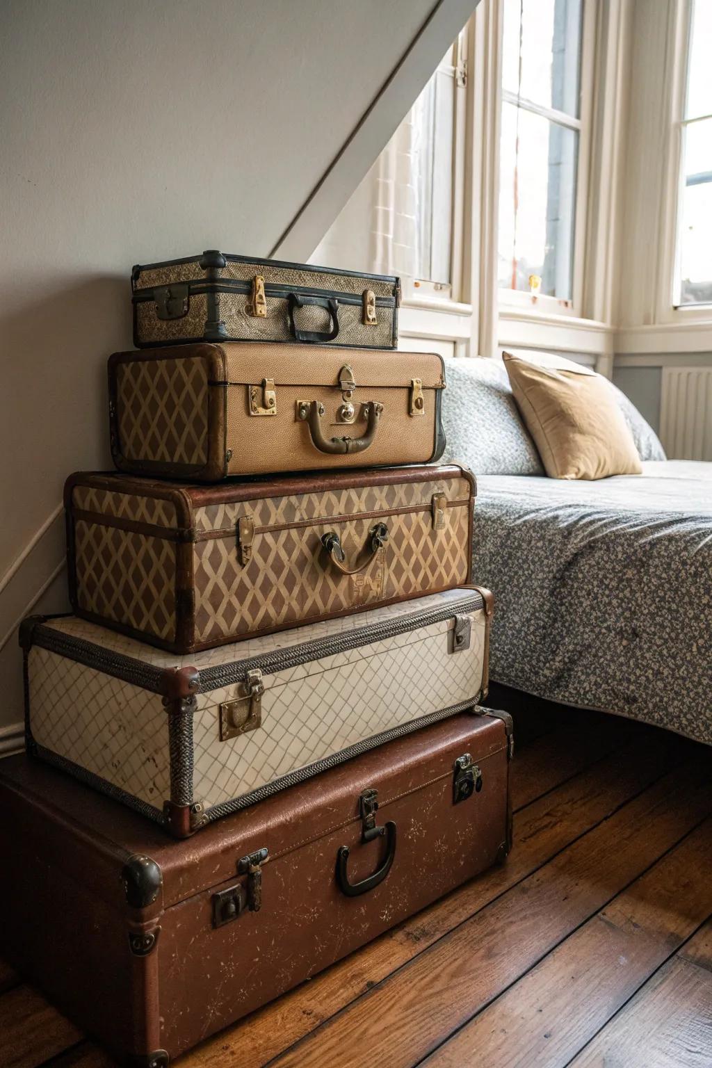 Artfully stacked vintage suitcases provide stylish storage in the bedroom.