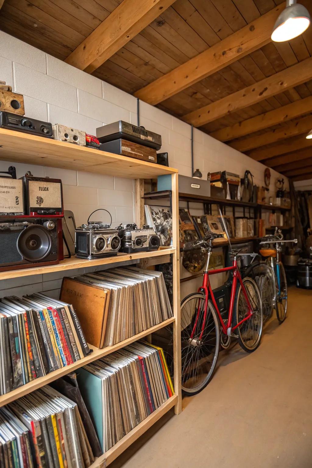 Nostalgic collectibles infuse personal narratives into a vintage garage.