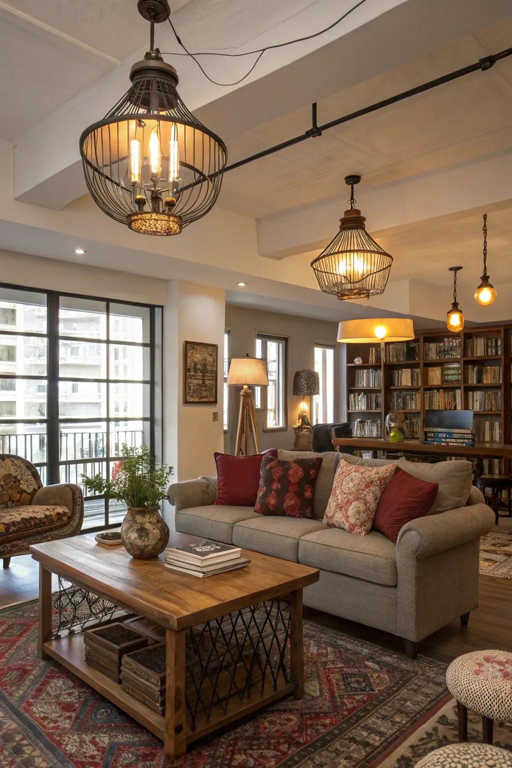 Lighting that combines old and new designs enhances the room's ambiance.