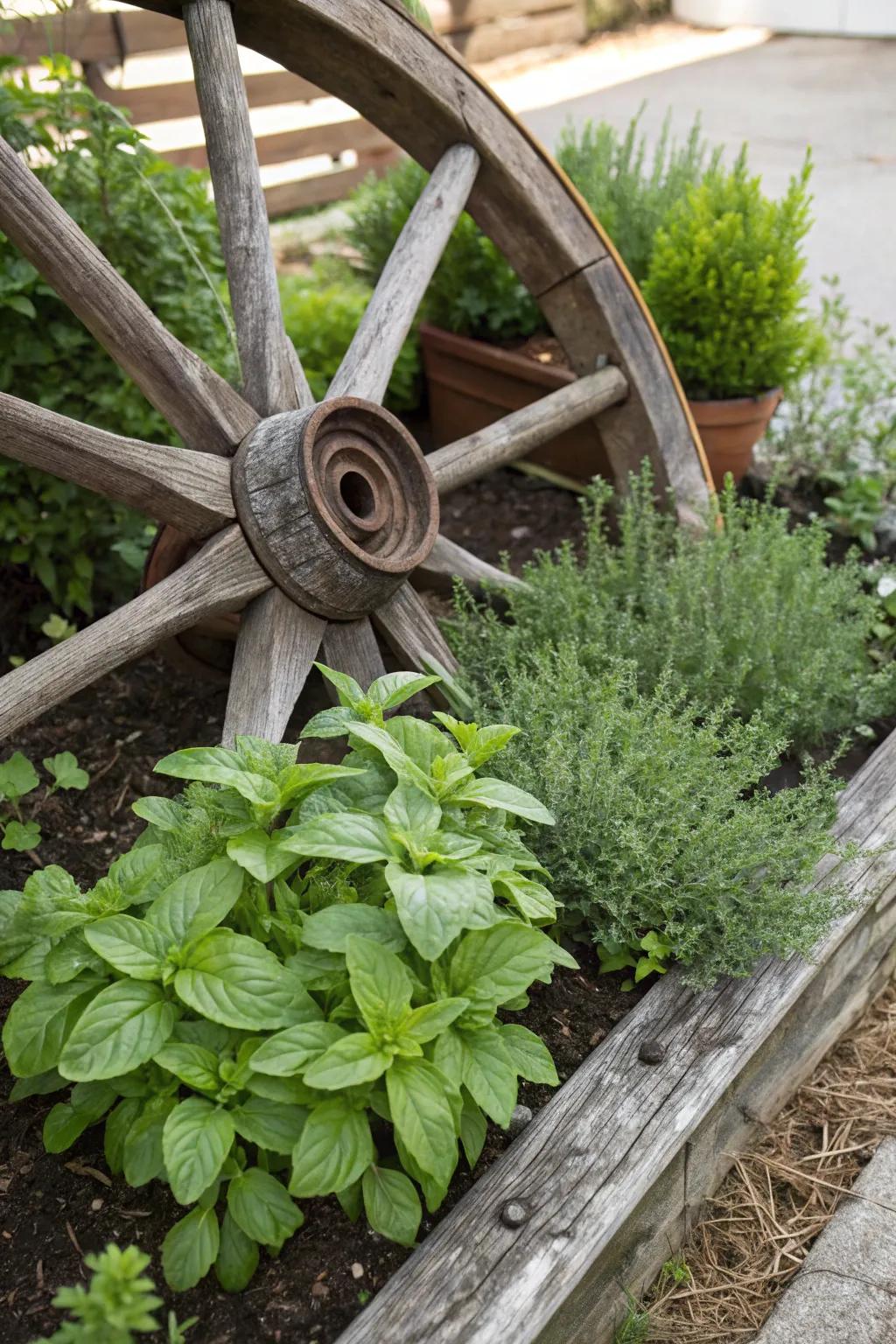 A cartwheel organizing a spice garden into tidy sections for effortless access.