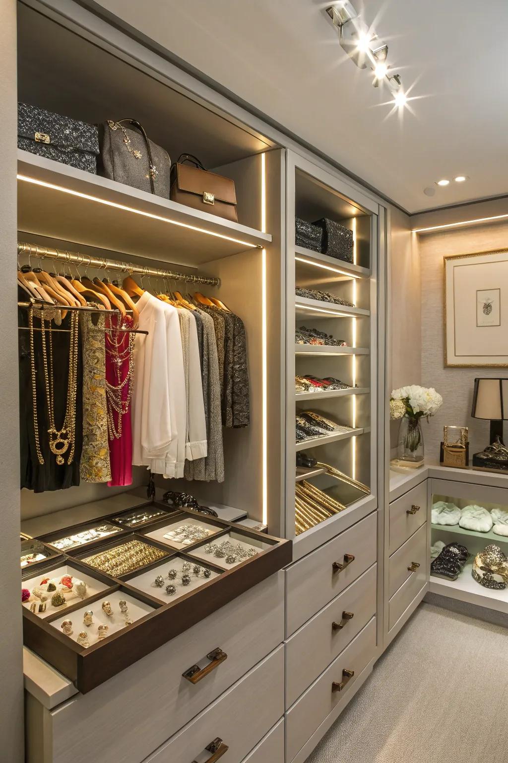 A personalized walk-in closet including a dedicated jewelry display space.