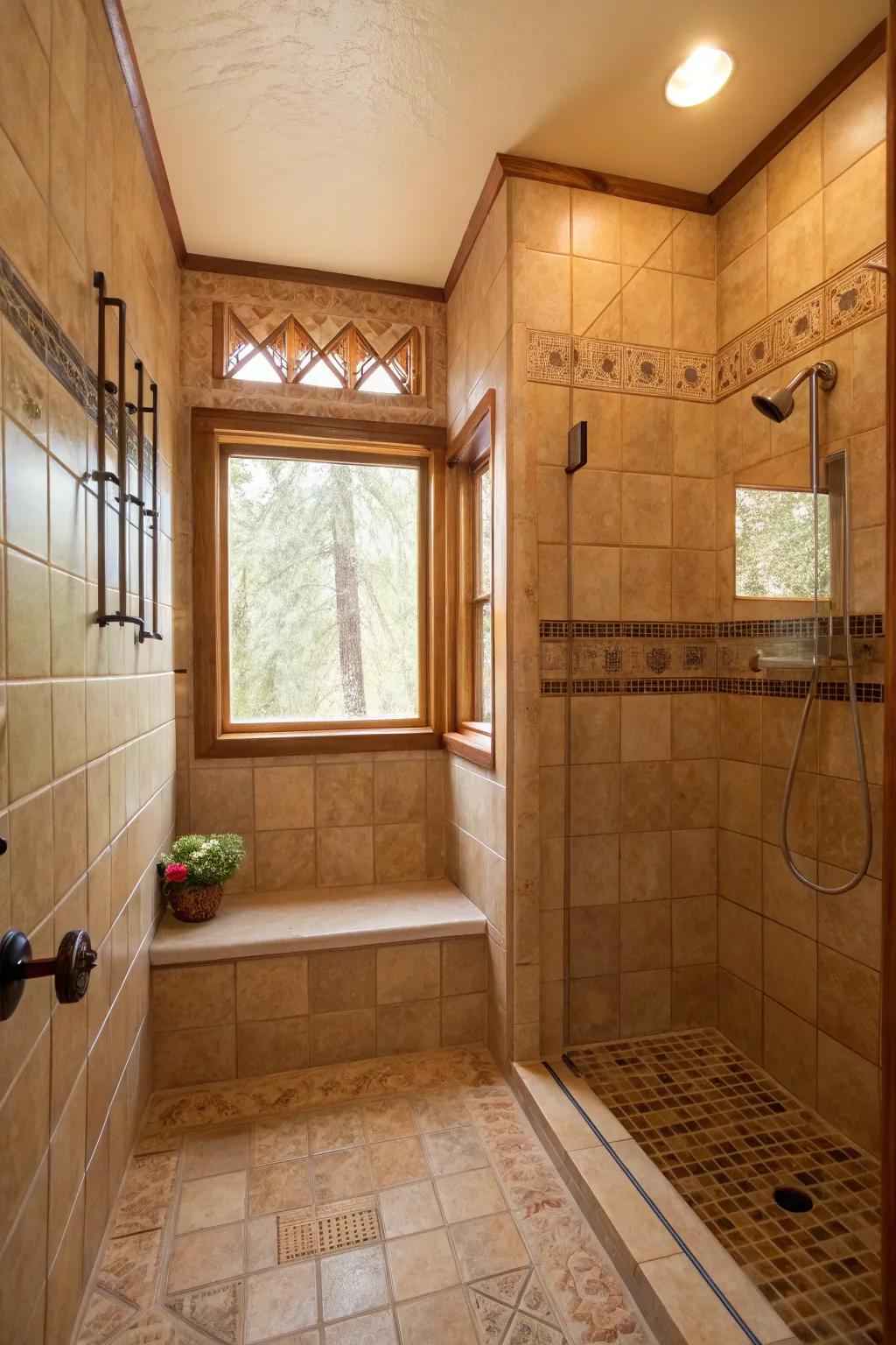 A small window in a walk-in shower, creating a bathing area that's both cozy and well-lit.