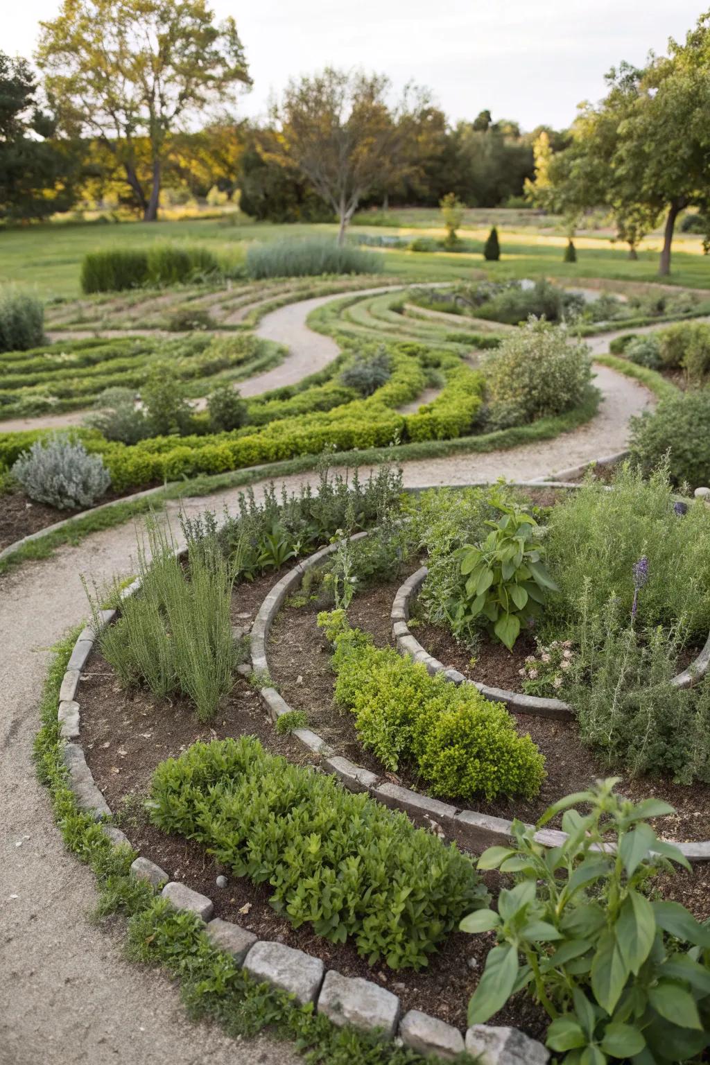A helical herb garden labyrinth provides both meditation and fresh herbs.