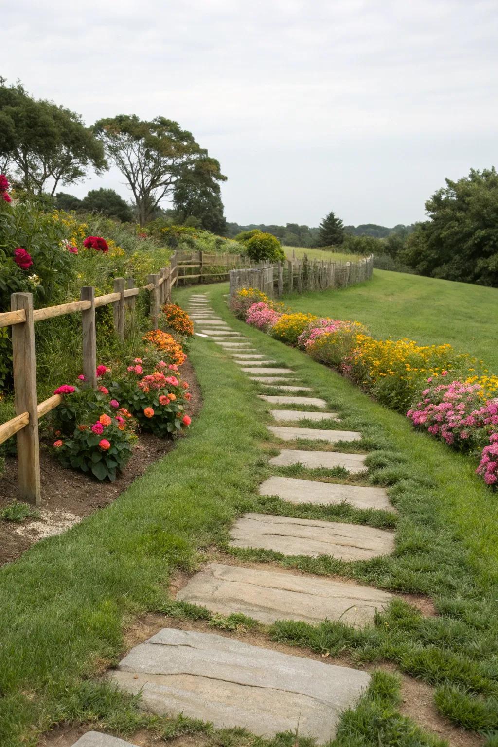 Vegetation and stone pathways compose a harmonious garden appearance.