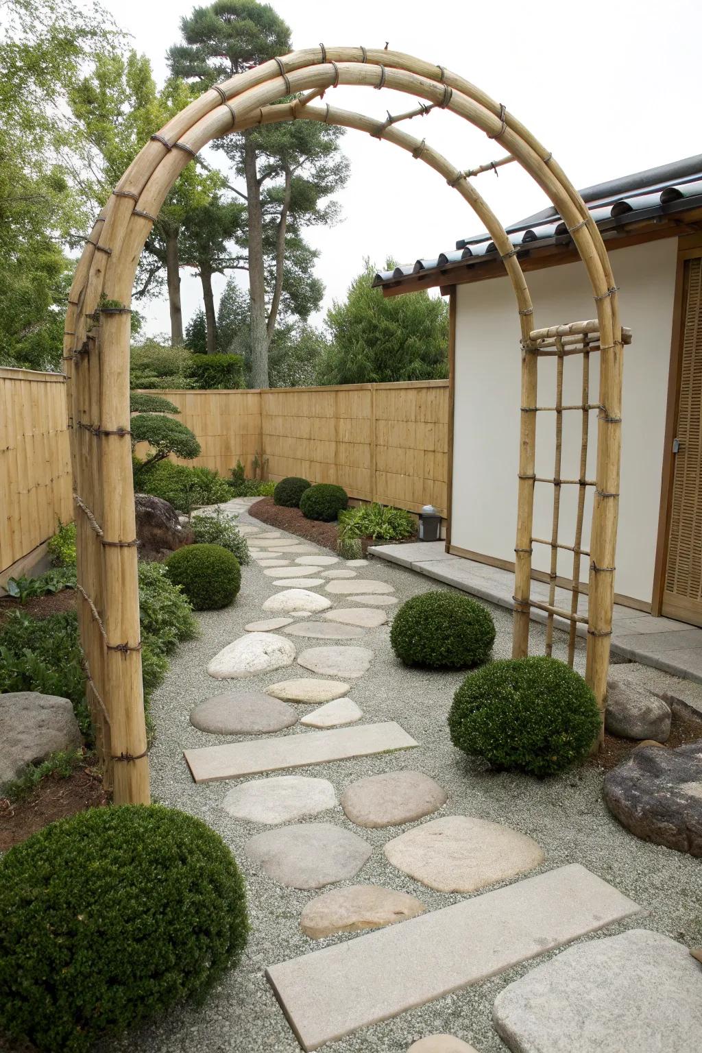 Bamboo archways introduce an exotic, zen-like quality to garden spaces.
