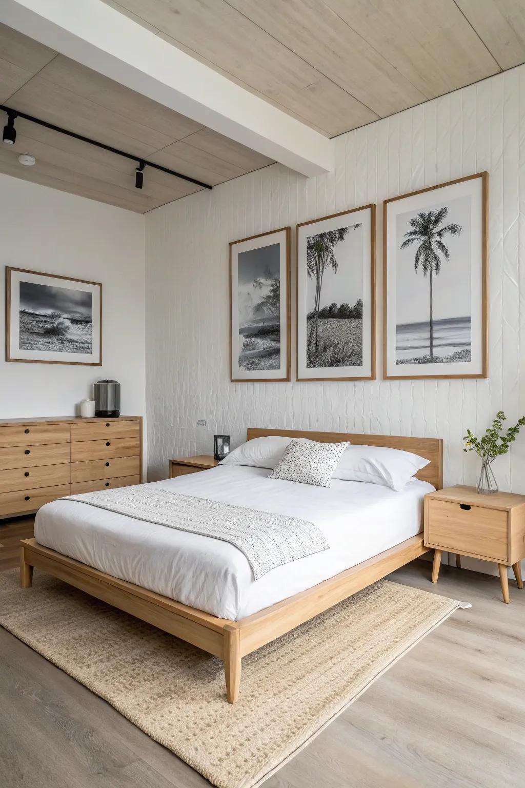Nordic and minimalist art establish a peaceful and organized bedroom.