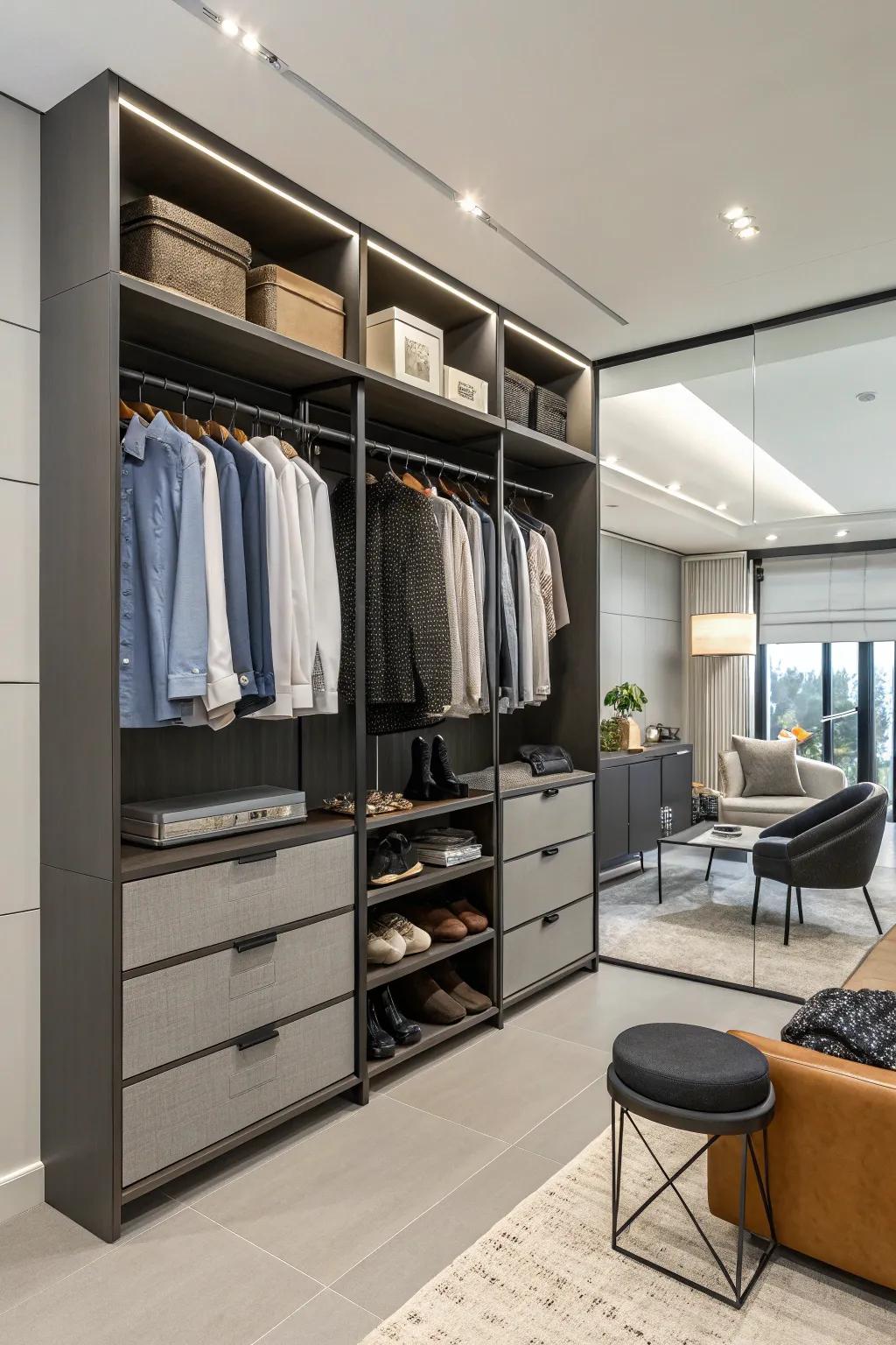 Modular units in wall closets offer customizable storage solutions.