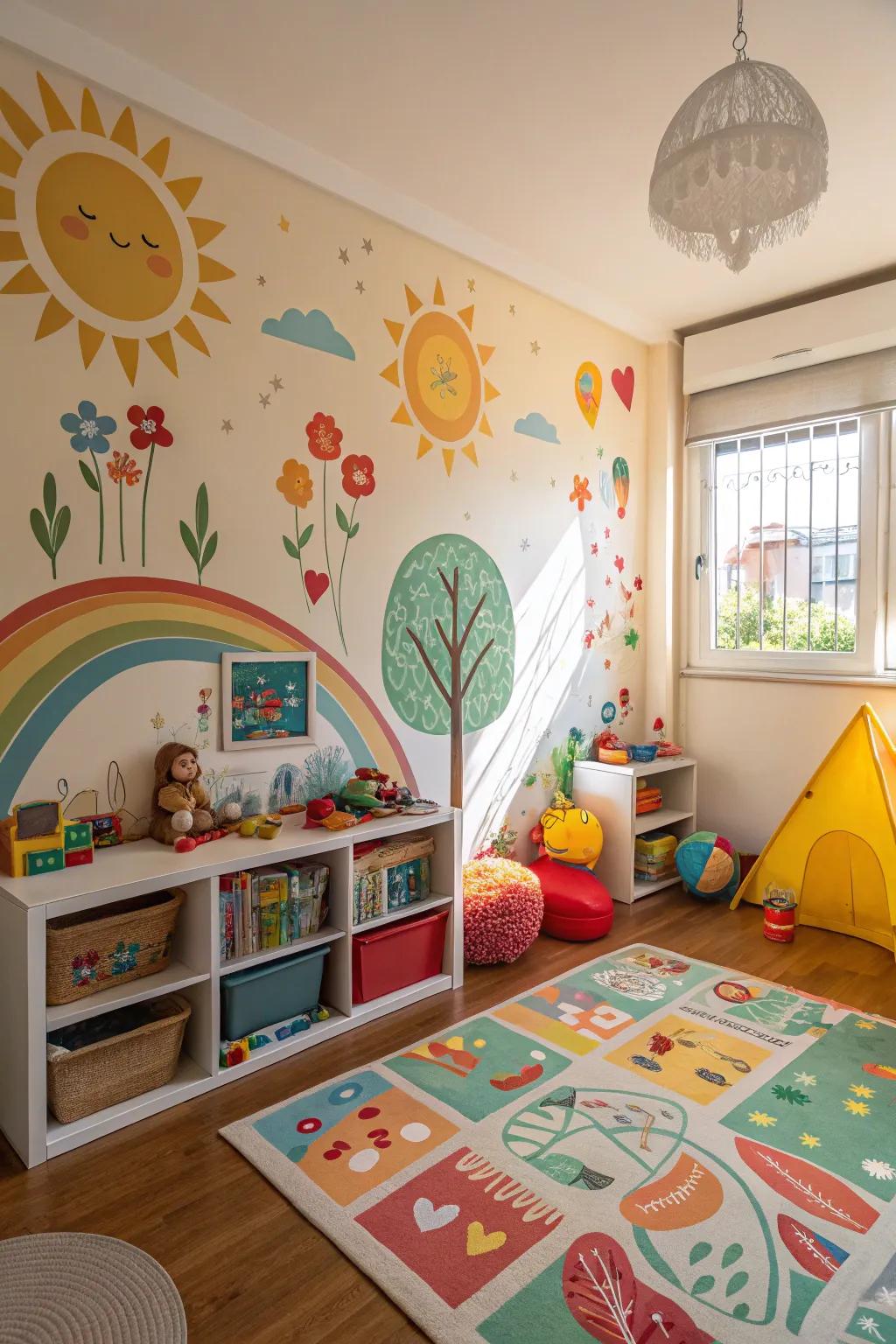 Homemade sketches transform walls into enchanting, imaginative realms.