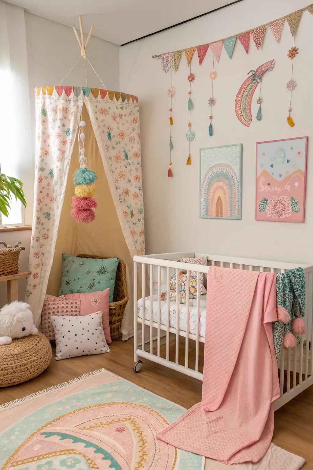 Fabric hangings can brighten and soften a room.