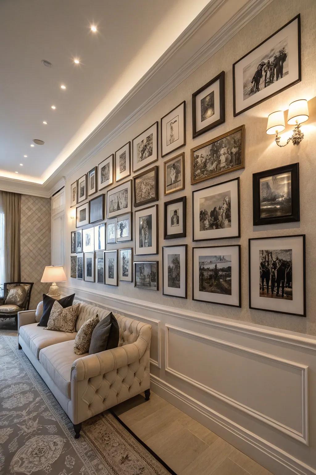 Ageless charm with a black and white themed wall.