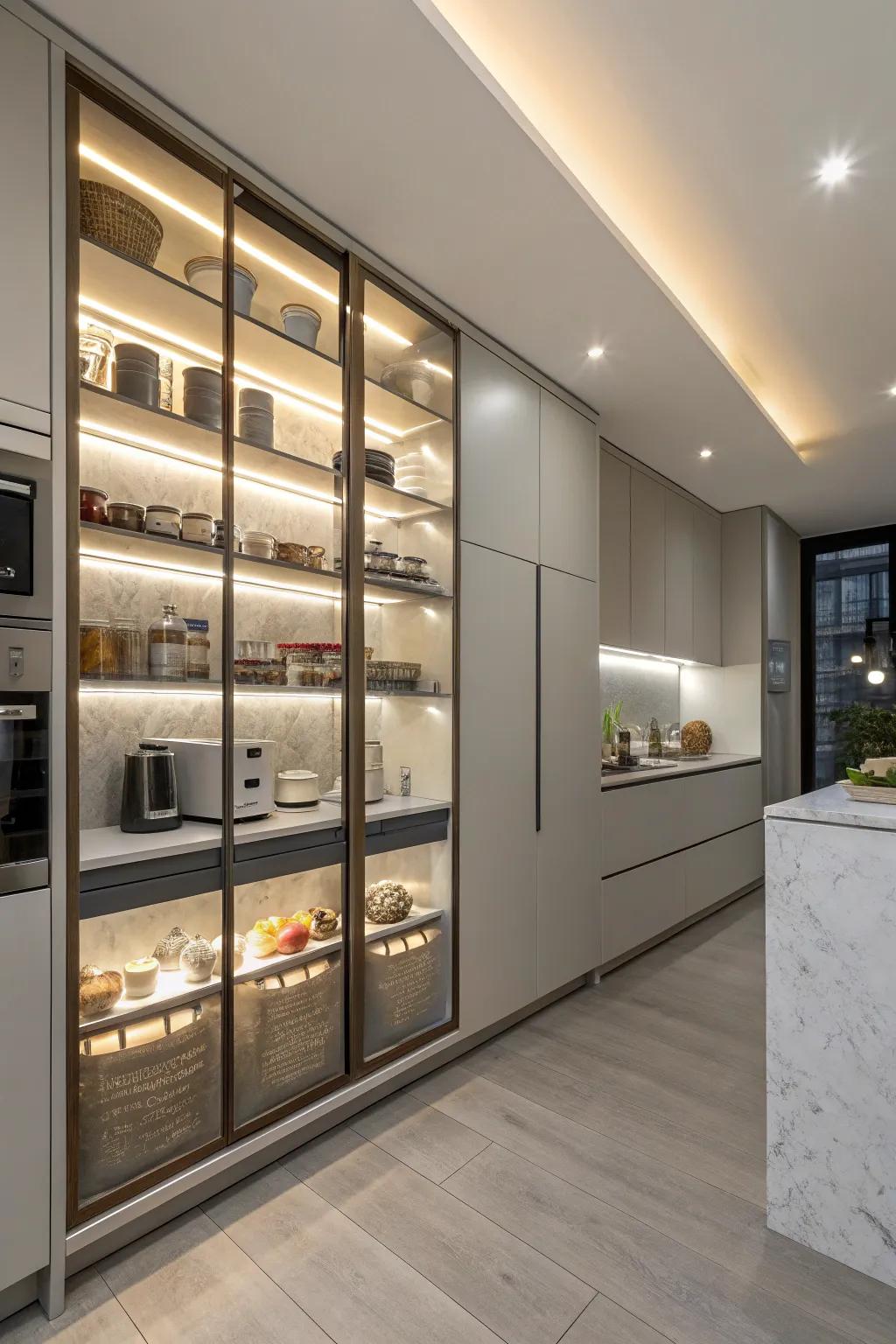 Integrated lighting creates a modern pantry ambiance.