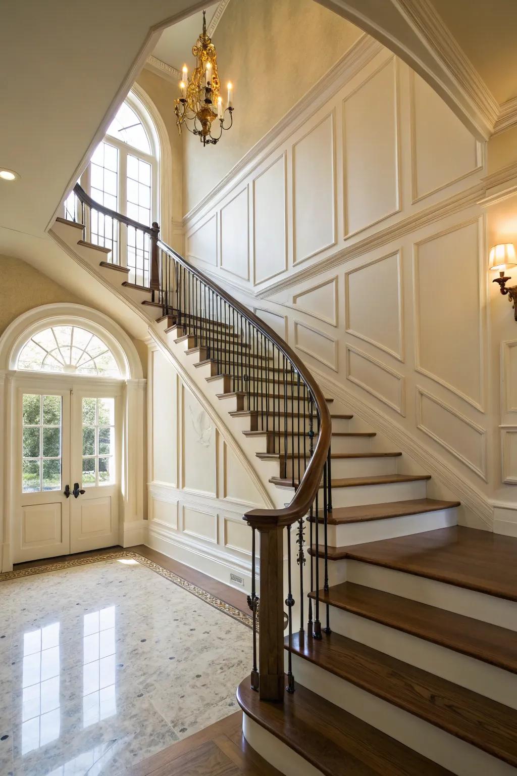Wall trim alongside the staircase cultivates a seamless, exquisite flow.