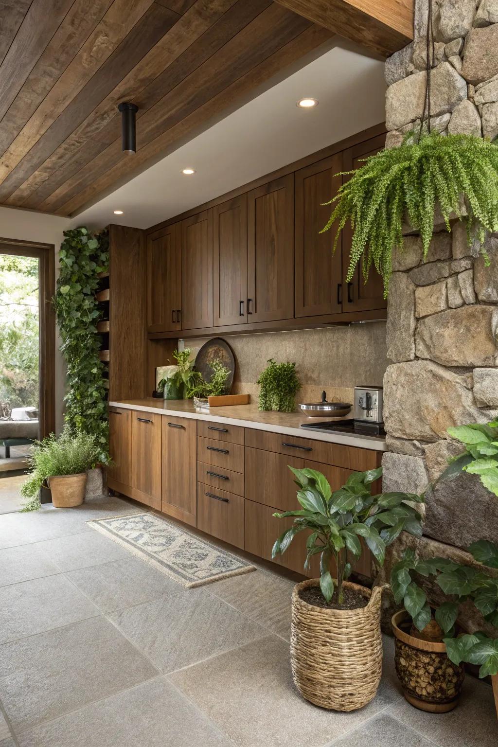 Organic elements complement the warmth of walnut units.