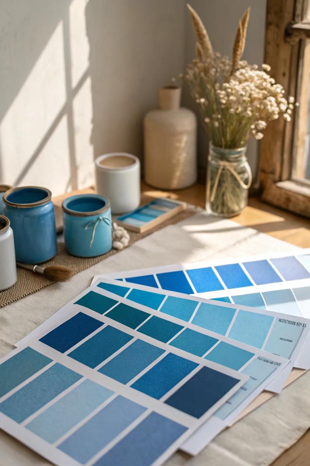 Test various paint samples to discover your ideal warm blue shade.