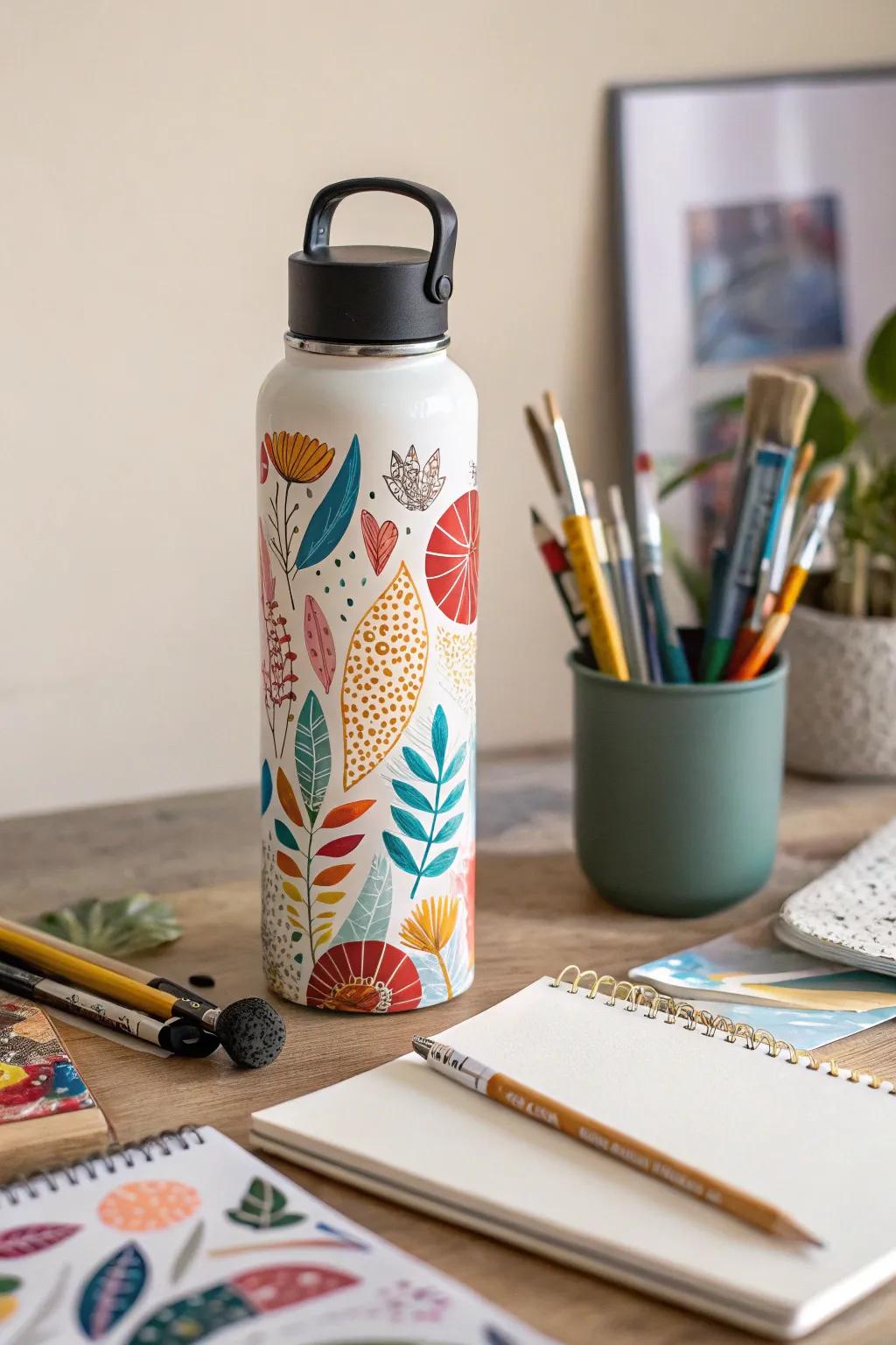 A drinking bottle embellished with vibrant, abstract decoupage.