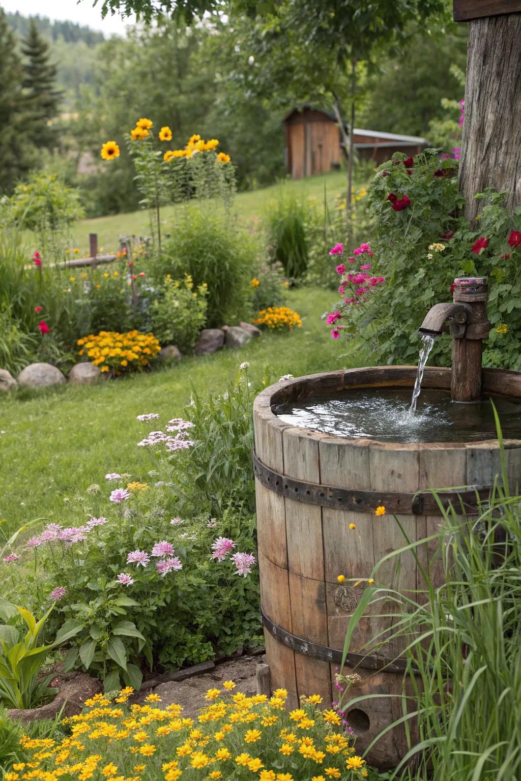 Quaint barrel springs introduce a charming touch to country-style gardens.